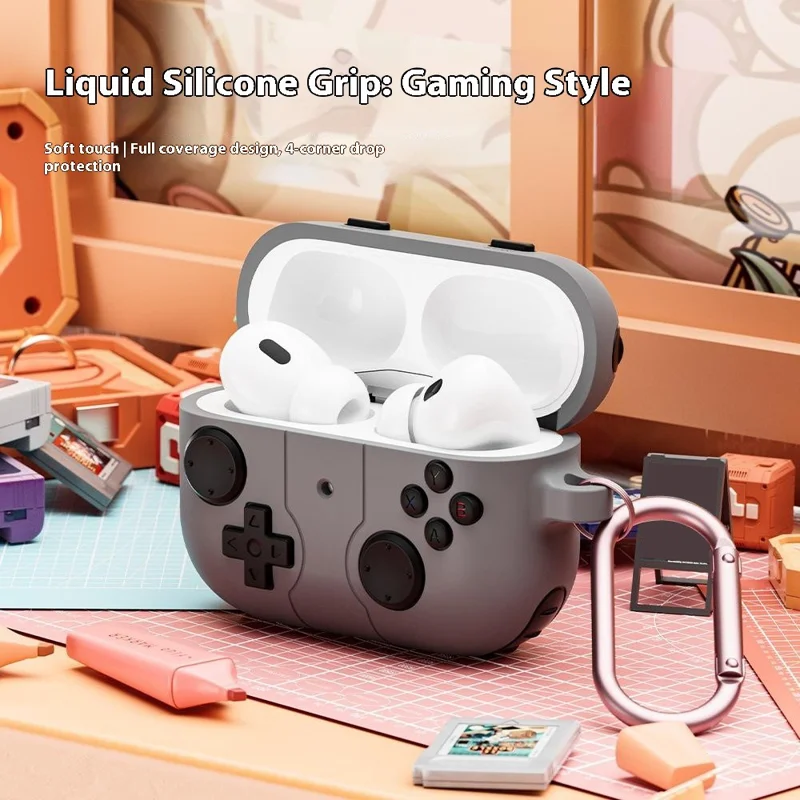For AirPods Pro 3 Silicone Case Retro Game Console Style Earbuds Protective Cover with Carabiner - Grey