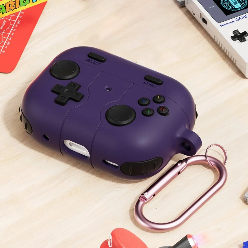 For AirPods Pro 3 Silicone Case Retro Game Console Style Earbuds Protective Cover with Carabiner - Dark Purple