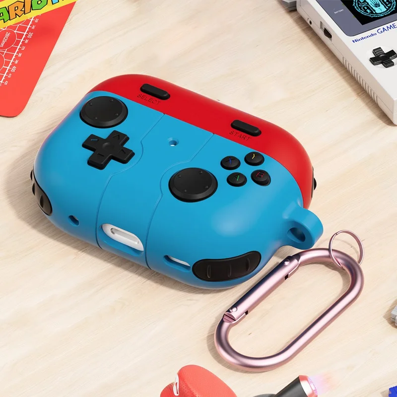 For AirPods Pro 3 Silicone Case Retro Game Console Style Earbuds Protective Cover with Carabiner - Red + Blue