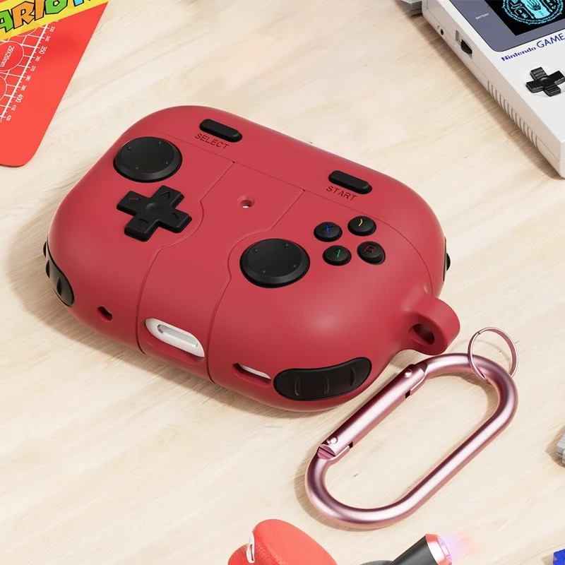 For AirPods Pro 3 Silicone Case Retro Game Console Style Earbuds Protective Cover with Carabiner - Red