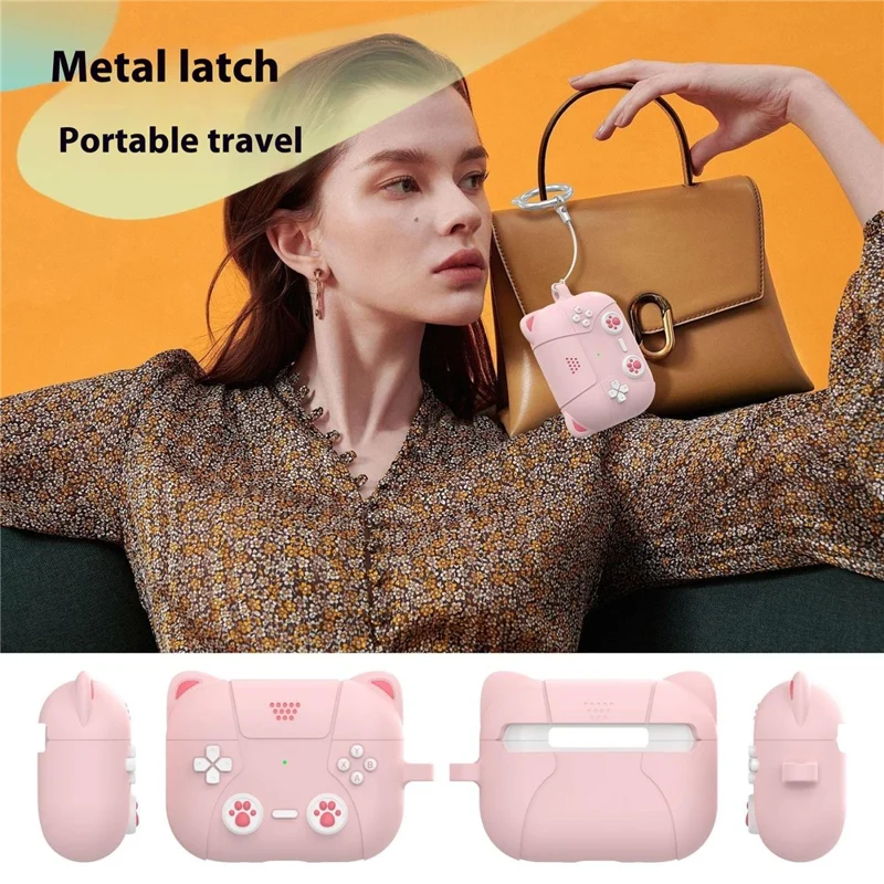 For AirPods Pro 3 Earphone Case Cute Cartoon Cat Paw Silicone Cover with Keychain - Light Pink