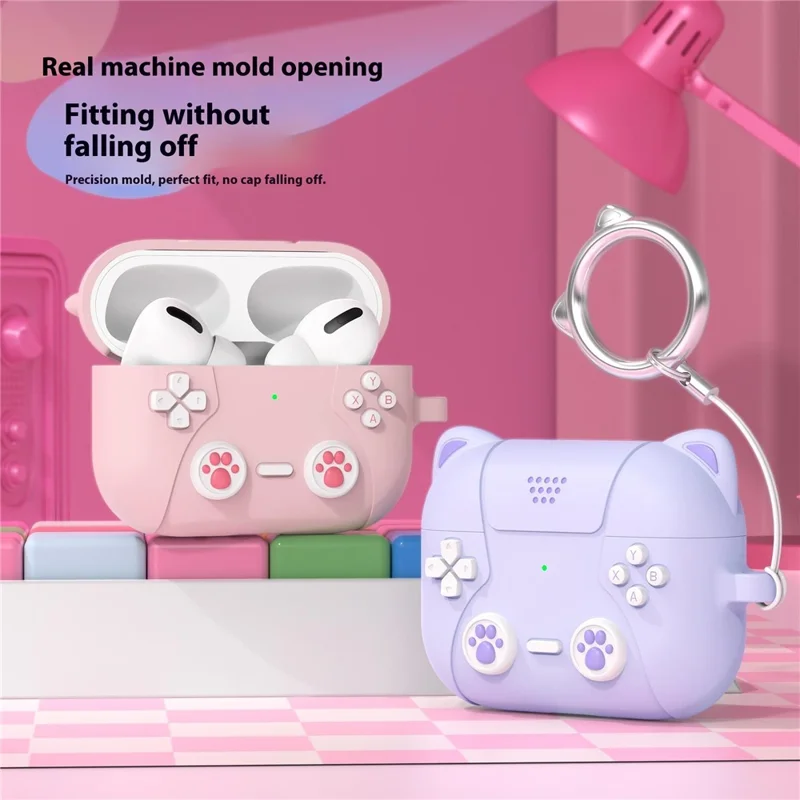 For AirPods Pro 3 Earphone Case Cute Cartoon Cat Paw Silicone Cover with Keychain - Light Pink