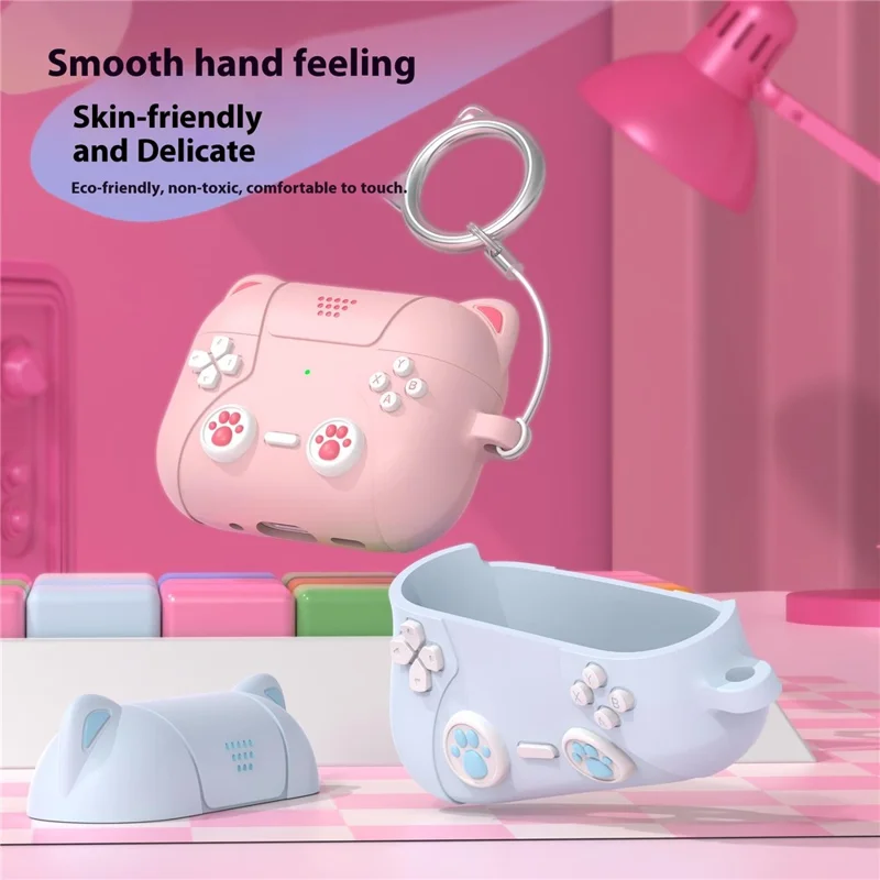For AirPods Pro 3 Earphone Case Cute Cartoon Cat Paw Silicone Cover with Keychain - Light Pink
