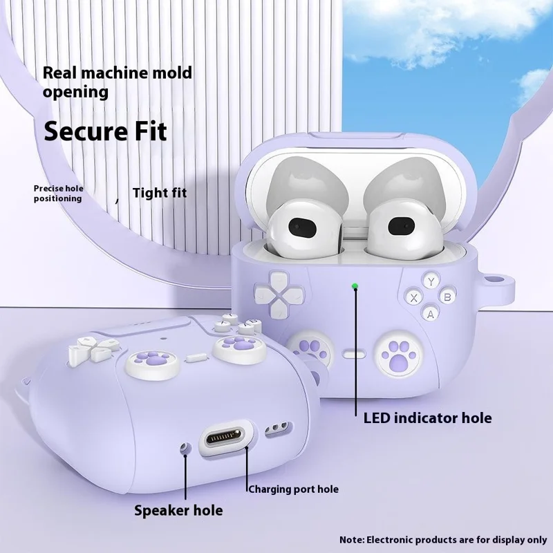 For AirPods Pro 3 Silicone Case Cartoon Cat Paw Cute Earphone Cover with Keychain - Light Purple