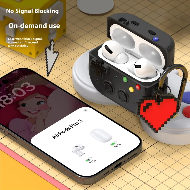 For AirPods Pro 3 Case Vintage Game Console Style Hard PC Earphone Cover with Heart Pendant - Black