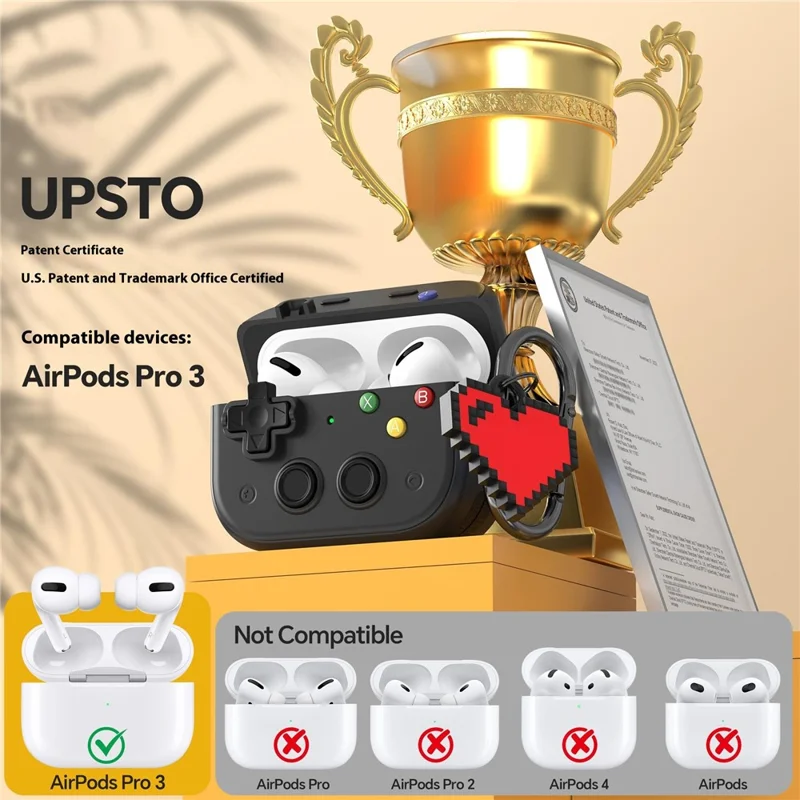 For AirPods Pro 3 Case Vintage Game Console Style Hard PC Earphone Cover with Heart Pendant - Black