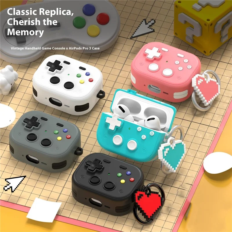 For AirPods Pro 3 Case Vintage Game Console Style Hard PC Earphone Cover with Heart Pendant - Black