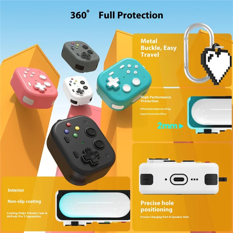 For AirPods Pro 3 Case Vintage Game Console Style Hard PC Earphone Cover with Heart Pendant - Black
