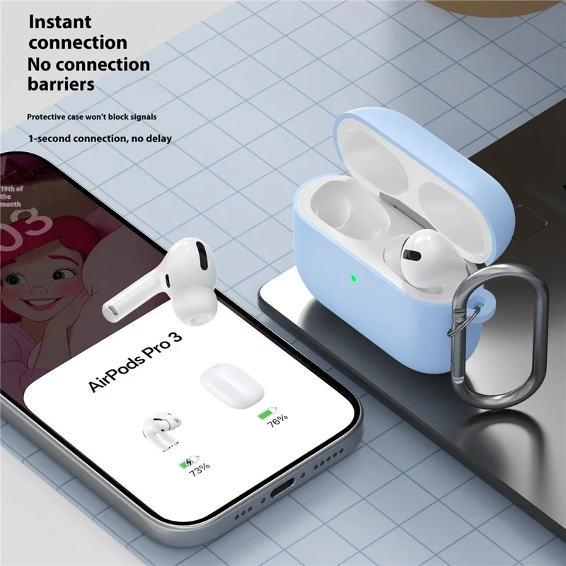 For AirPods Pro 3 Silicone Case 1.6mm Ultra Thin Earphone Protective Cover with Carabiner - Sky Blue