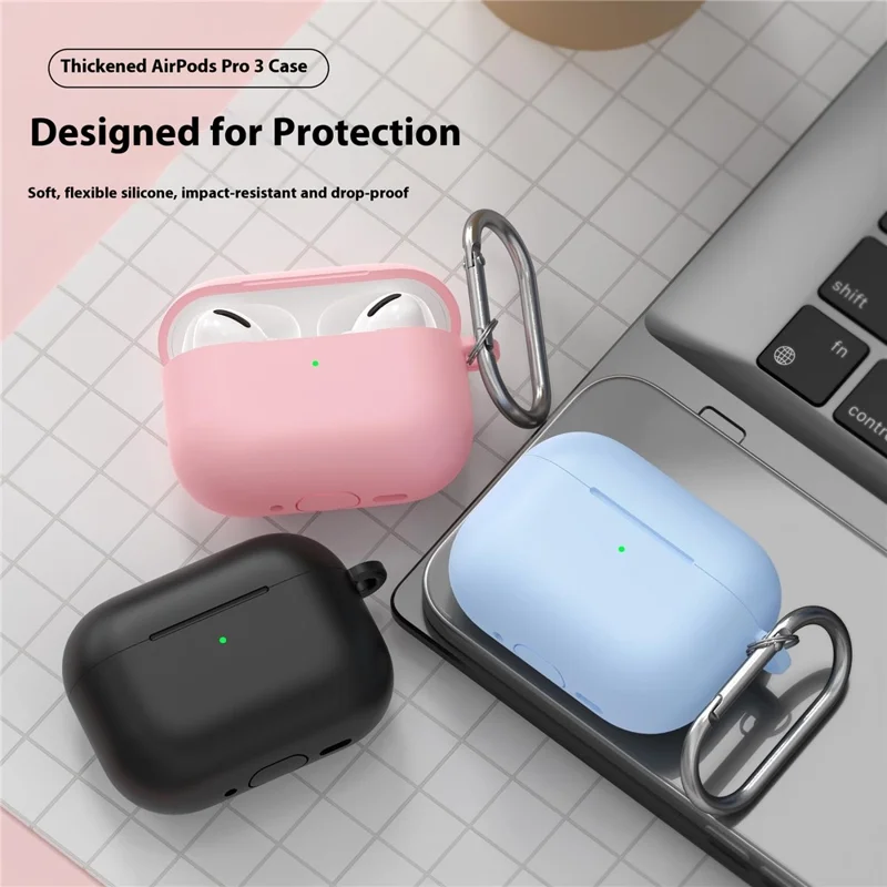 For AirPods Pro 3 Silicone Case 2.3mm Earphone Protective Cover with Carabiner - Light Pink