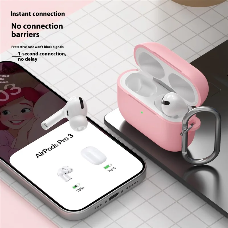 For AirPods Pro 3 Silicone Case 2.3mm Earphone Protective Cover with Carabiner - Black
