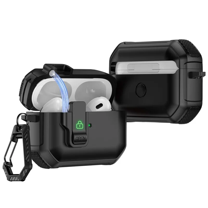For AirPods 4 Earbuds Case One-Press Open TPU + PC Earphone Protective Cover with Carabiner - Solid Black