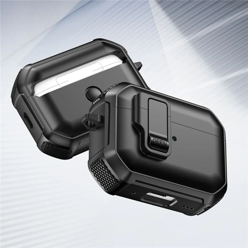 For AirPods 4 Earbuds Case One-Press Open TPU + PC Earphone Protective Cover with Carabiner - Solid Black