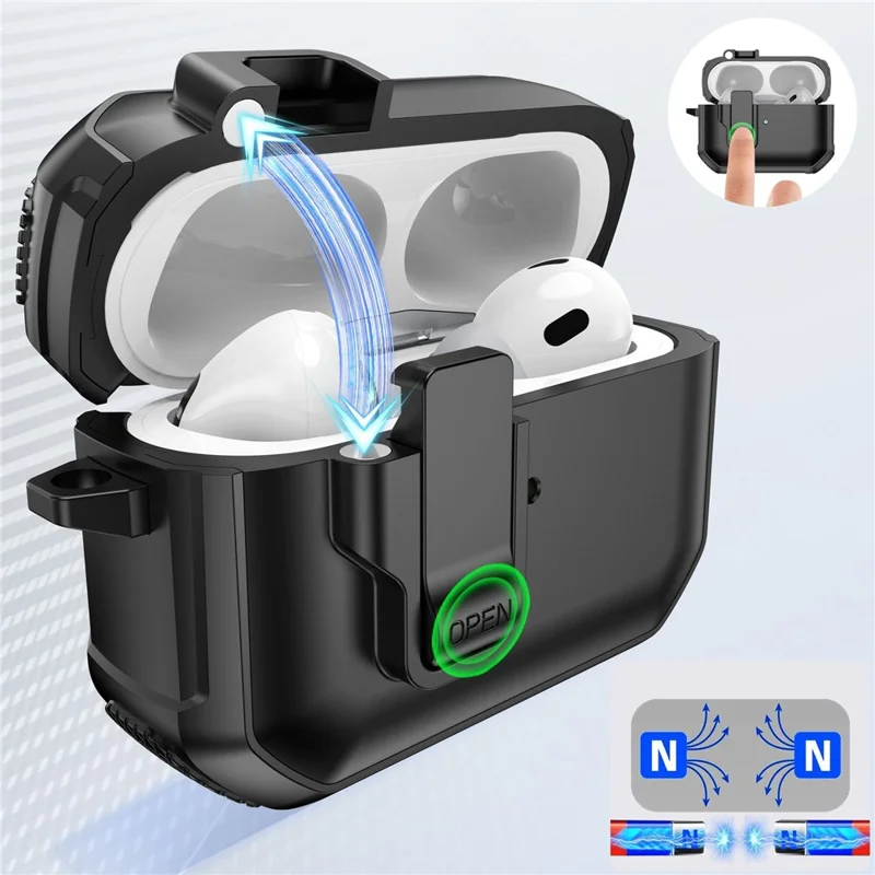 For AirPods 4 Earbuds Case One-Press Open TPU + PC Earphone Protective Cover with Carabiner - Solid Black