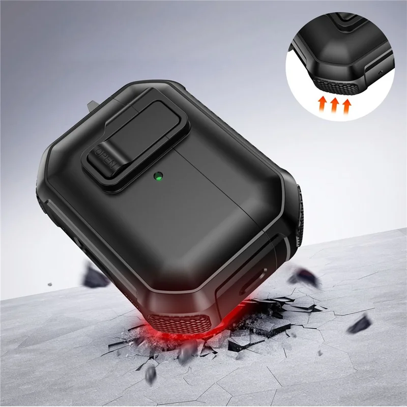 For AirPods 4 Earbuds Case One-Press Open TPU + PC Earphone Protective Cover with Carabiner - Solid Black