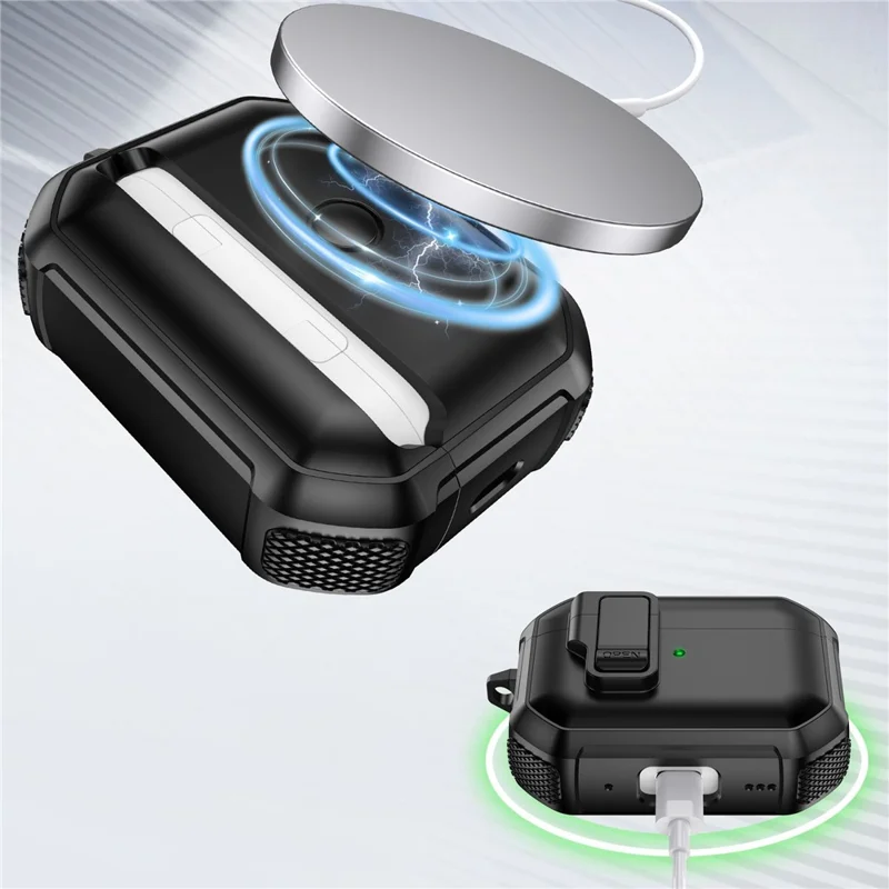 For AirPods 4 Earbuds Case One-Press Open TPU + PC Earphone Protective Cover with Carabiner - Solid Black