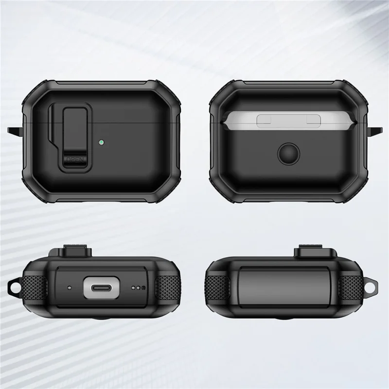 For AirPods 4 Earbuds Case One-Press Open TPU + PC Earphone Protective Cover with Carabiner - Solid Black