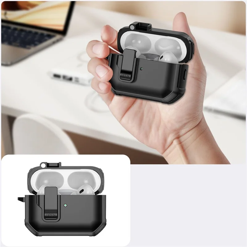 For AirPods 4 Earbuds Case One-Press Open TPU + PC Earphone Protective Cover with Carabiner - Solid Black