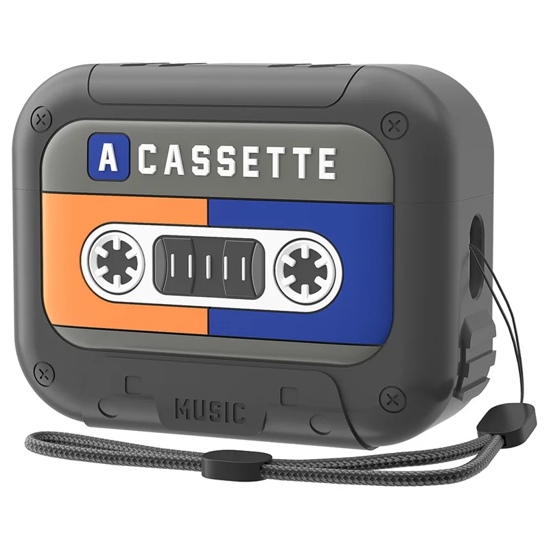 For AirPods 4 Silicone Case Retro Cassette Style Earphone Protective Cover with Strap - Yellow + Blue