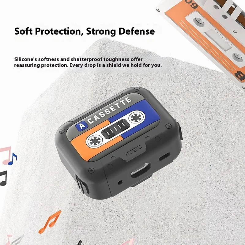 For AirPods 4 Silicone Case Retro Cassette Style Earphone Protective Cover with Strap - Yellow + Blue