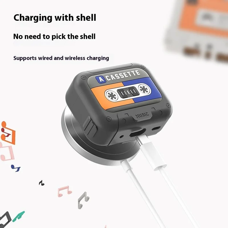 For AirPods 4 Silicone Case Retro Cassette Style Earphone Protective Cover with Strap - Yellow + Blue