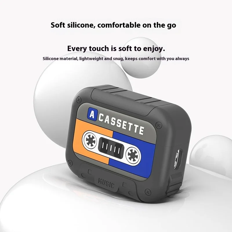 For AirPods 4 Silicone Case Retro Cassette Style Earphone Protective Cover with Strap - Yellow + Blue