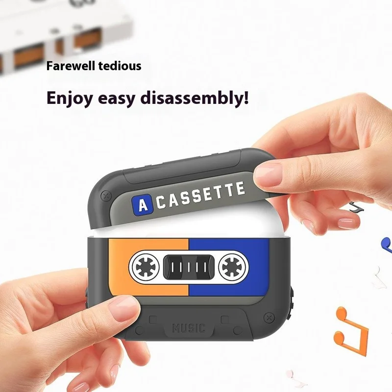 For AirPods 4 Silicone Case Retro Cassette Style Earphone Protective Cover with Strap - Yellow + Blue