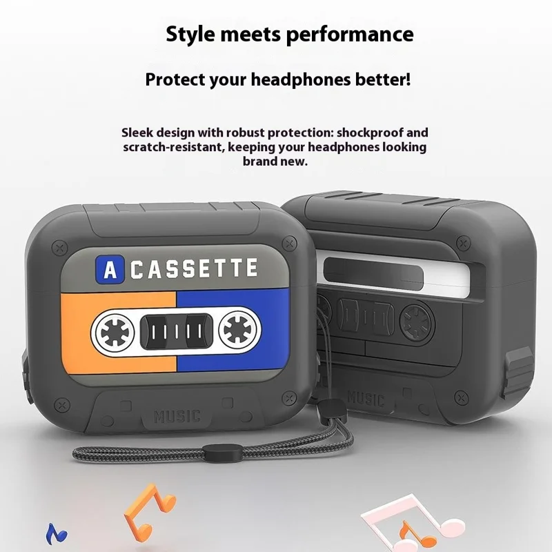 For AirPods 4 Silicone Case Retro Cassette Style Earphone Protective Cover with Strap - Yellow + Blue