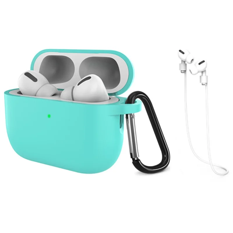 For AirPods Pro 3 Silicone Case Dustproof Protective Cover with Anti Lost Strap and Keychain - Mint Green