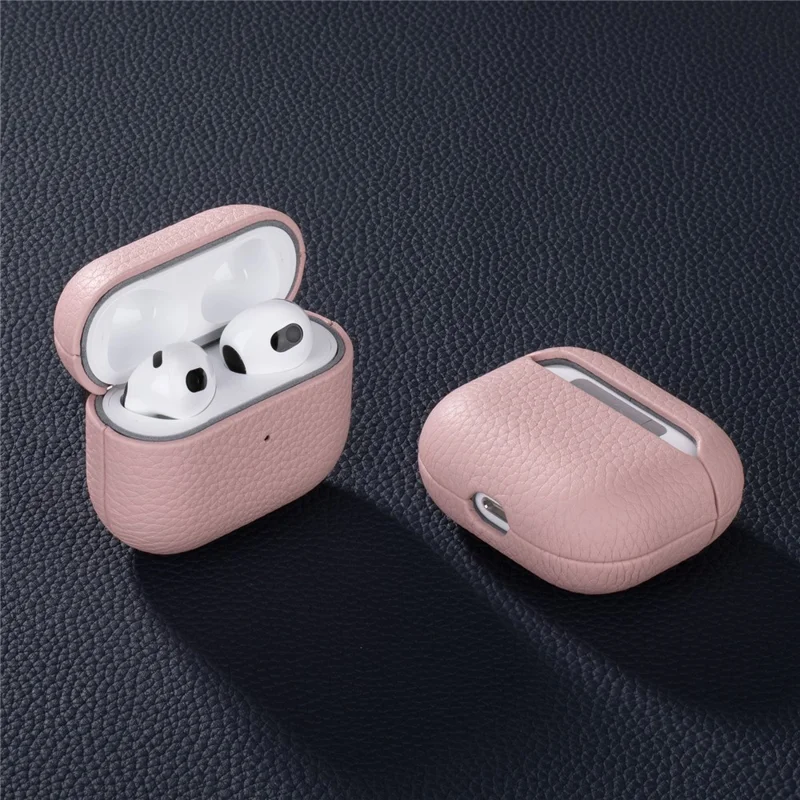 For AirPods Pro 3 Earphone Case Litchi Texture Genuine Cow Leather Earbud Protective Cover - Pink