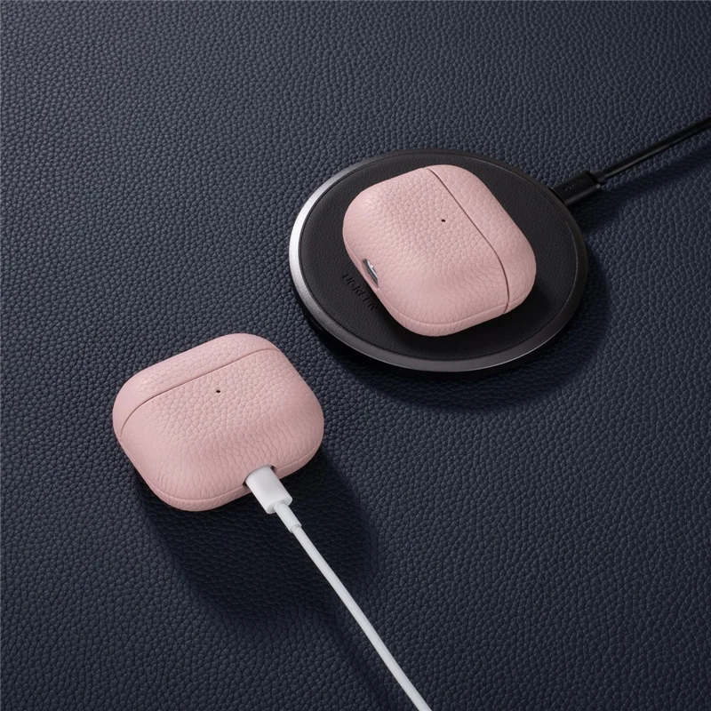 For AirPods Pro 3 Earphone Case Litchi Texture Genuine Cow Leather Earbud Protective Cover - Pink