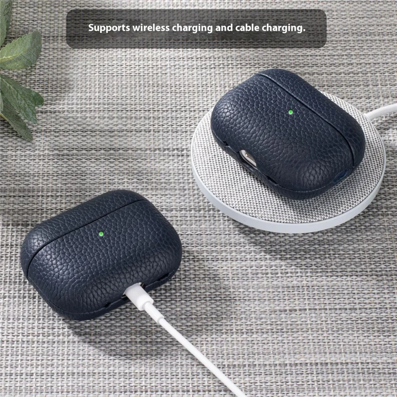 For AirPods Pro 3 Earphone Case Litchi Texture Genuine Cow Leather Earbud Protective Cover - Pink