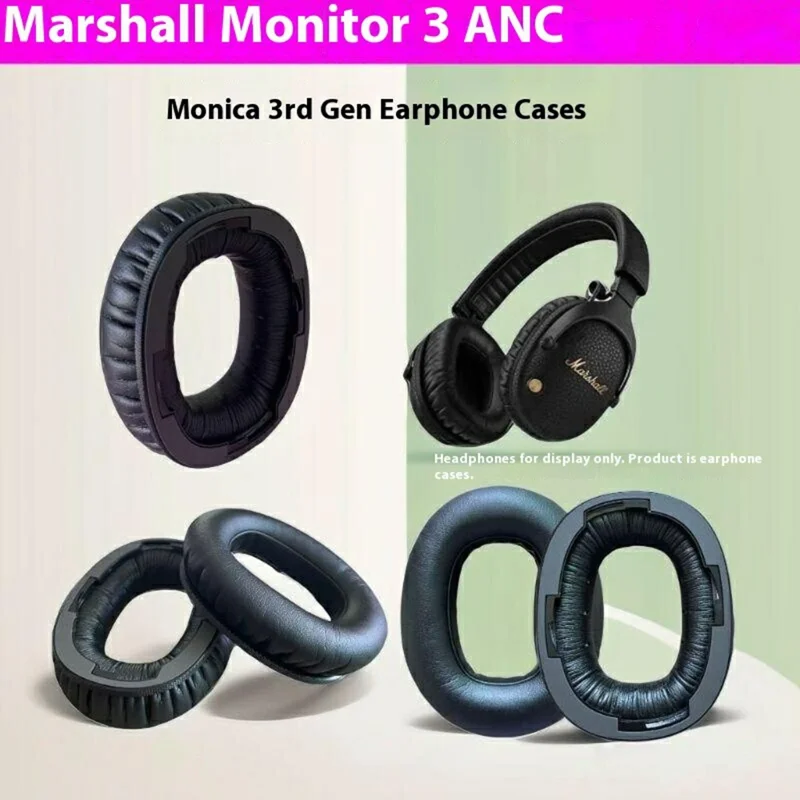 1Pair For Marshall Monitor III Headphone Earpads Protein Leather + Memory Foam Replacement Cushions