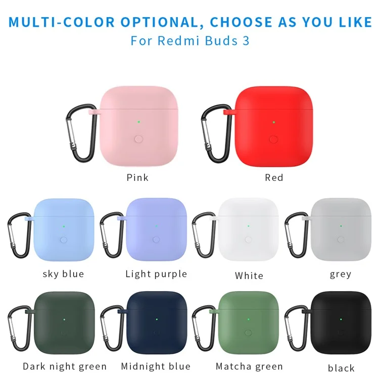 Full Protective Silicone Skin Earphone Case Cover with Carabiner for Redmi Buds 3 - White