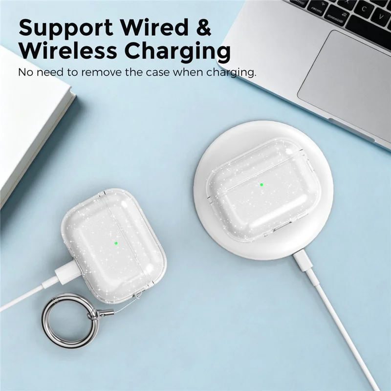 AHASTYLE WG182 For AirPods Pro 3 Case Split Design Clear TPU Earphone Protective Cover with Carabiner - Transparent Glitter