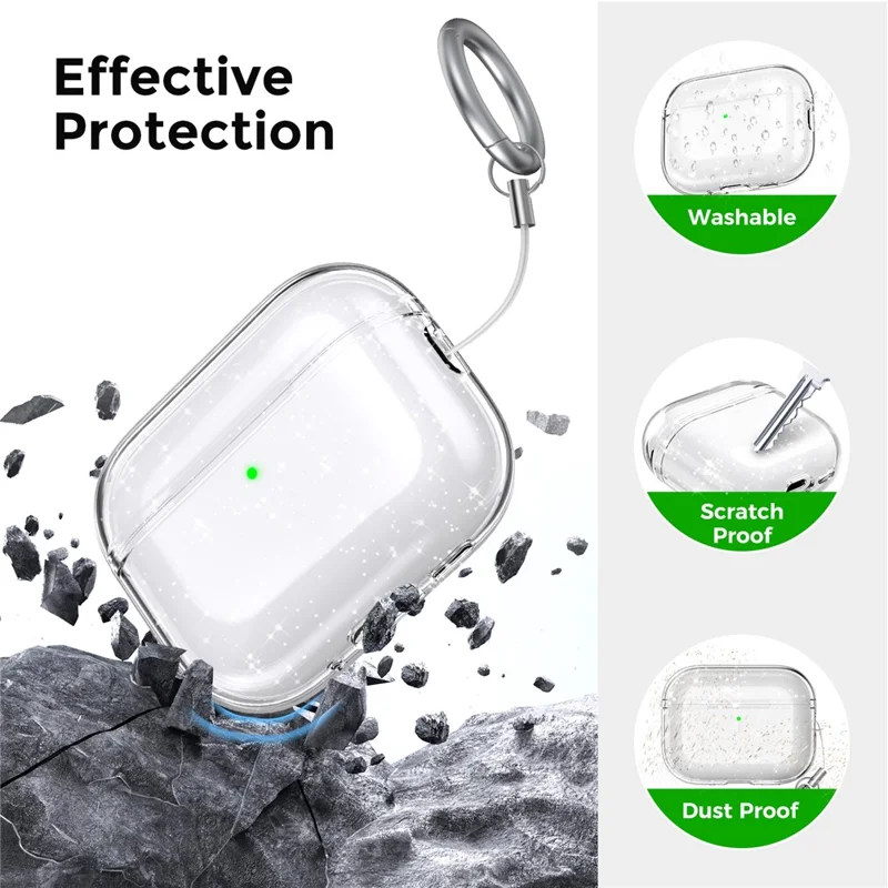 AHASTYLE WG182 For AirPods Pro 3 Case Split Design Clear TPU Earphone Protective Cover with Carabiner - Transparent Glitter