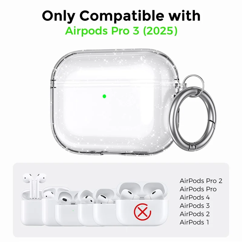 AHASTYLE WG182-G For AirPods Pro 3 Case Split Design Clear TPU Shockproof Protective Cover with Carabiner - Transparent Glitter