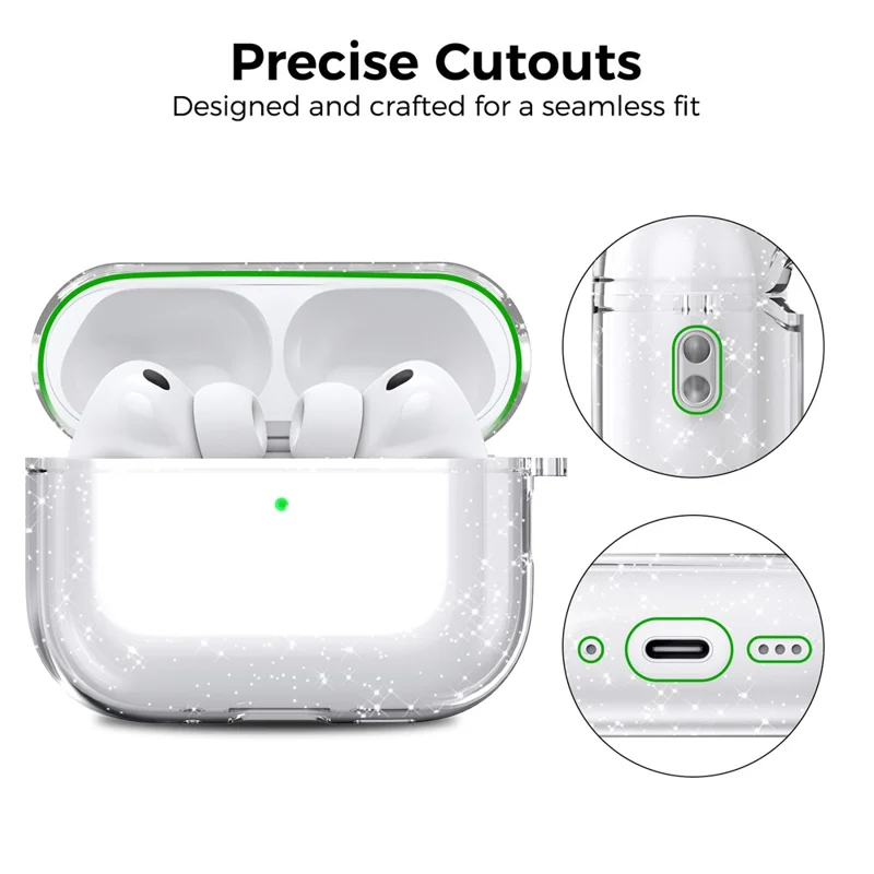 AHASTYLE WG182-G For AirPods Pro 3 Case Split Design Clear TPU Shockproof Protective Cover with Carabiner - Transparent Glitter