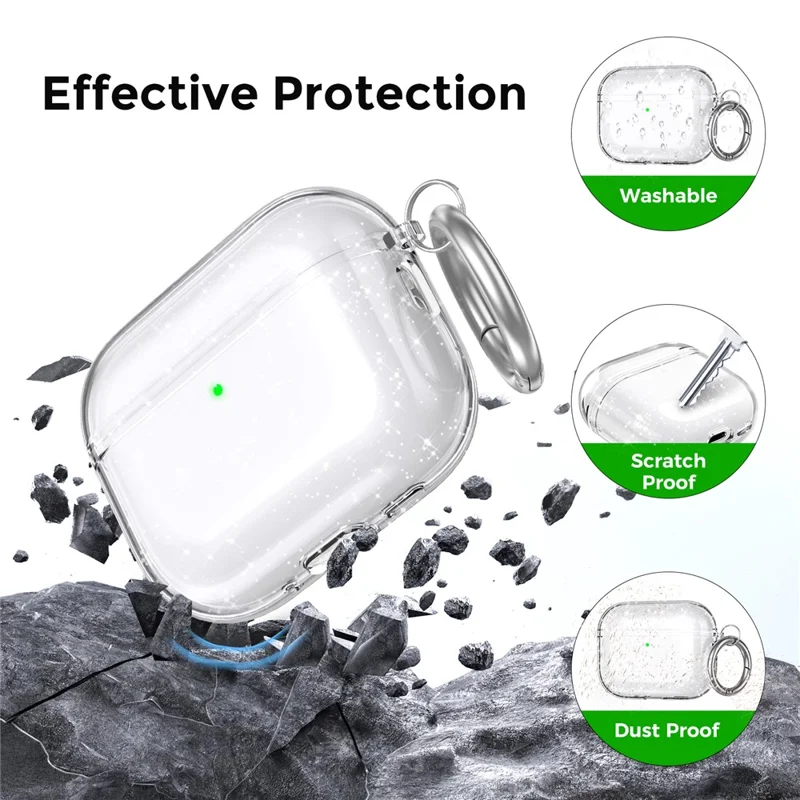 AHASTYLE WG182-G For AirPods Pro 3 Case Split Design Clear TPU Shockproof Protective Cover with Carabiner - Transparent Glitter