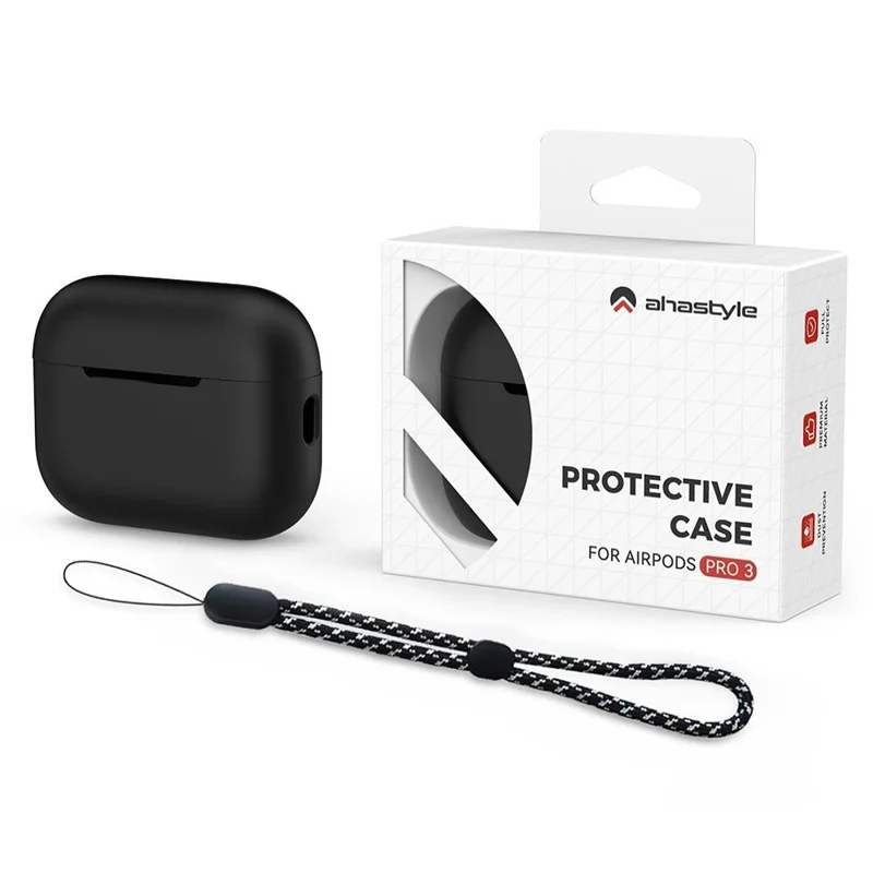 AHASTYLE PT197 For AirPods Pro 3 Case Silicone Earphone Protective Cover with Lanyard - Black