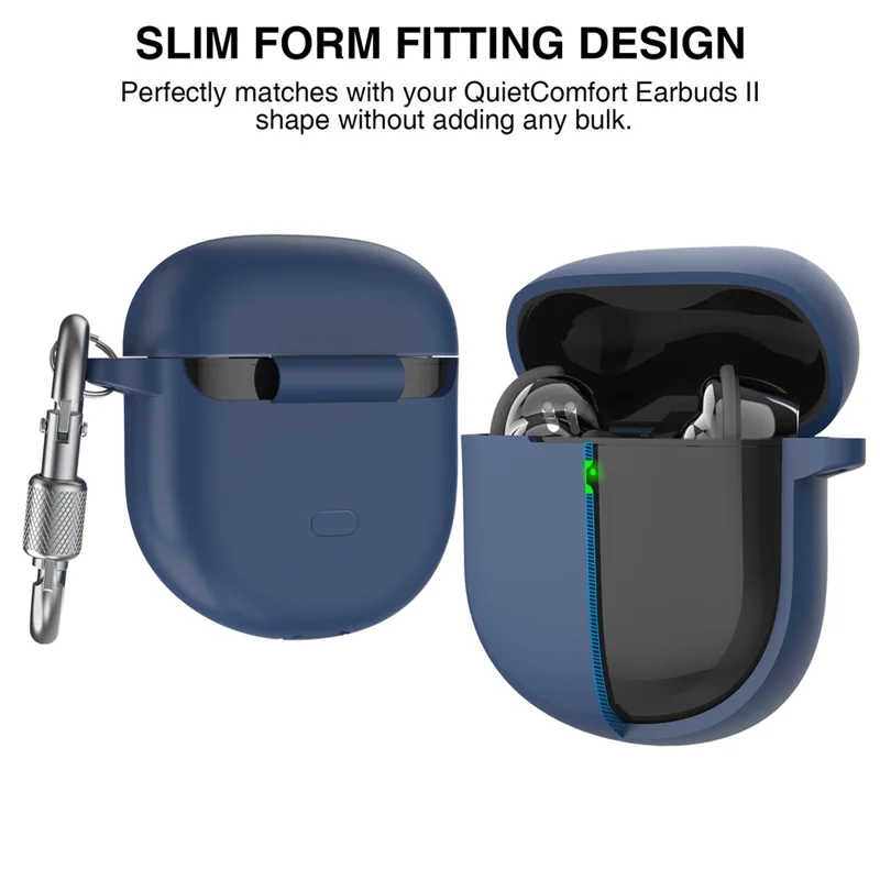 AHASTYLE WG105 Für Bose QuietComfort Earbuds II Gehäuse Integriertes Design Extrem dicke Silikon Schutzhülle mit Karabinerhaken - Mitternachtsblau