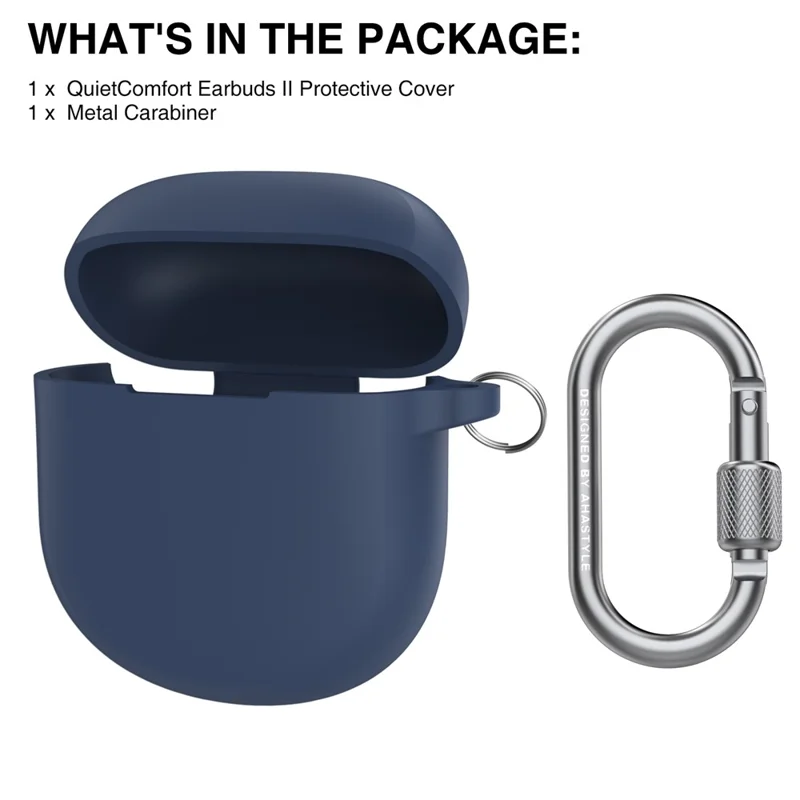 AHASTYLE WG105 Für Bose QuietComfort Earbuds II Gehäuse Integriertes Design Extrem dicke Silikon Schutzhülle mit Karabinerhaken - Mitternachtsblau