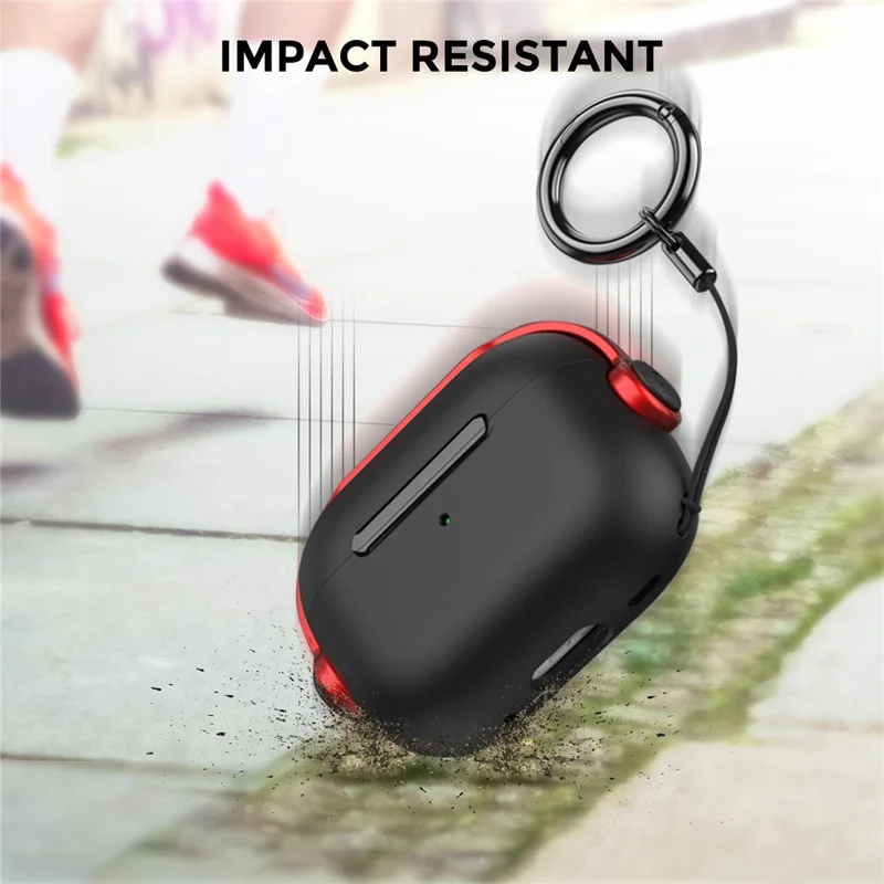 AHASTYLE WG109 Para AirPods Pro / Pro 2 Funda TPU Compatible con Bluetooth Cubierta Protectora de Auriculares con Correa - Negro + Rojo