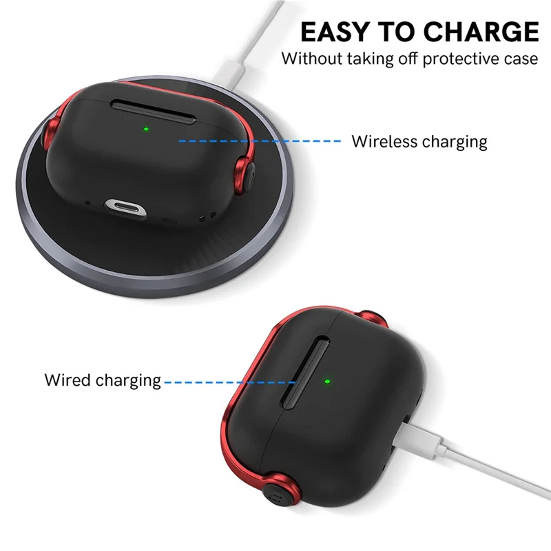 AHASTYLE WG109 Para AirPods Pro / Pro 2 Funda TPU Compatible con Bluetooth Cubierta Protectora de Auriculares con Correa - Negro + Rojo