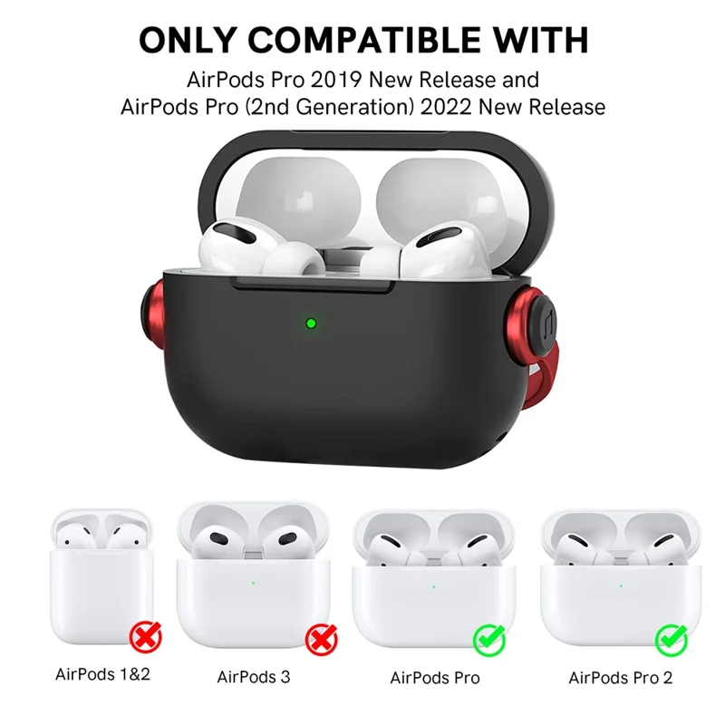 AHASTYLE WG109 Para AirPods Pro / Pro 2 Funda TPU Compatible con Bluetooth Cubierta Protectora de Auriculares con Correa - Negro + Rojo