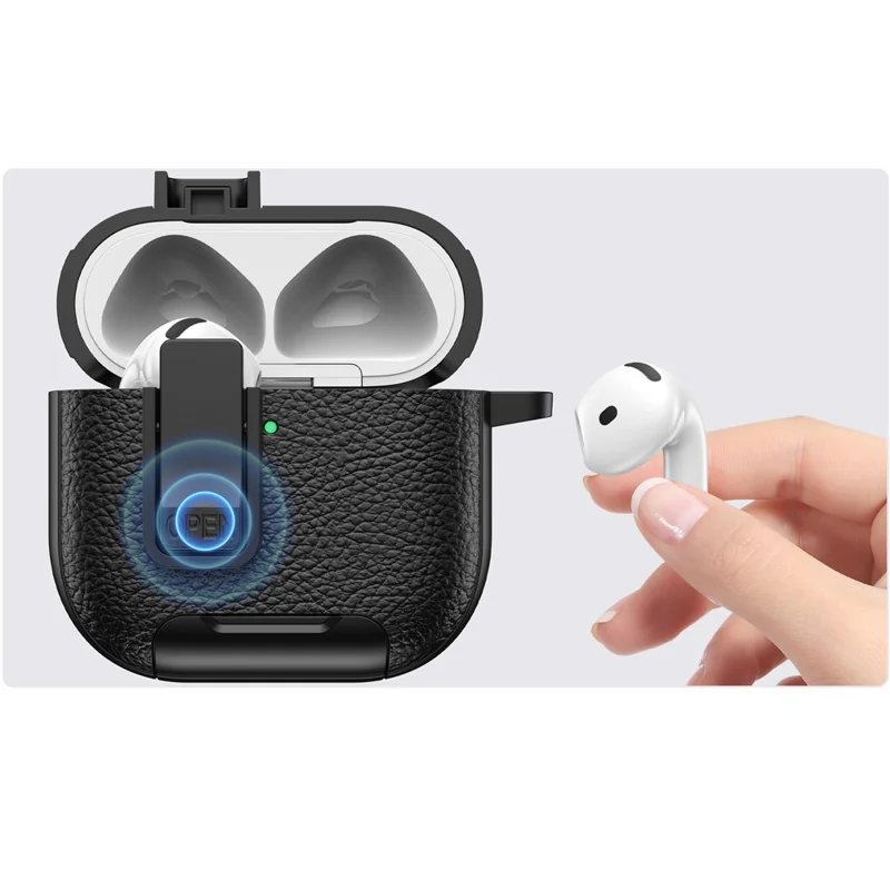 Capa Protetora de Couro Texturizado para Estojo de AirPods 4 com Design de Trava e Mosquetão - Preto
