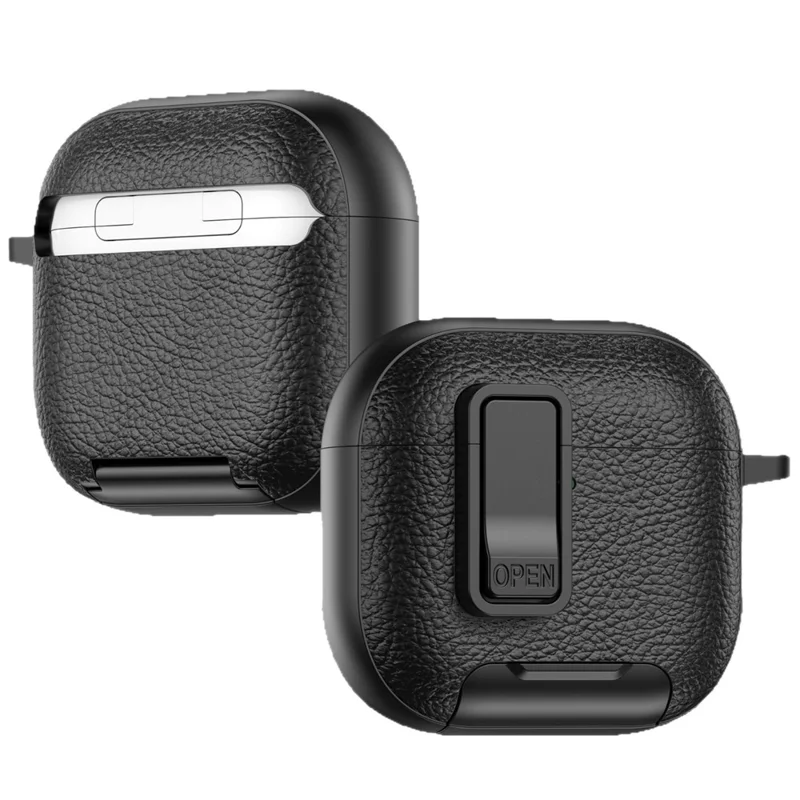 Capa Protetora de Couro Texturizado para Estojo de AirPods 4 com Design de Trava e Mosquetão - Preto