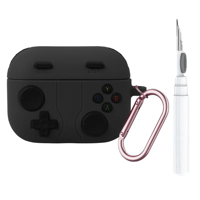 For AirPods Pro 3 Silicone Case Retro Game Console Design Earphone Cover with Cleaning Pen  /  Carabiner - Dark Grey