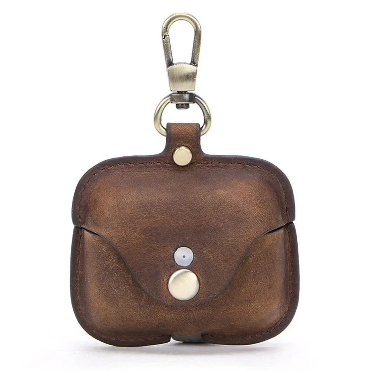 CONTACTS FAMILY Vintage Style Crazy Horse Texture Bluetooth-compatible Earphone Genuine Leather Protective Case Cover with Key Chain for Apple AirPods Pro - Coffee
