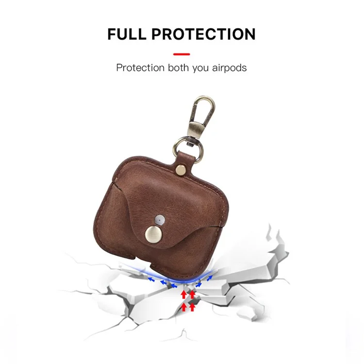 CONTACTS FAMILY Vintage Style Crazy Horse Texture Bluetooth Earphone Genuine Leather Protective Case Cover with Key Chain for Apple AirPods Pro - Coffee